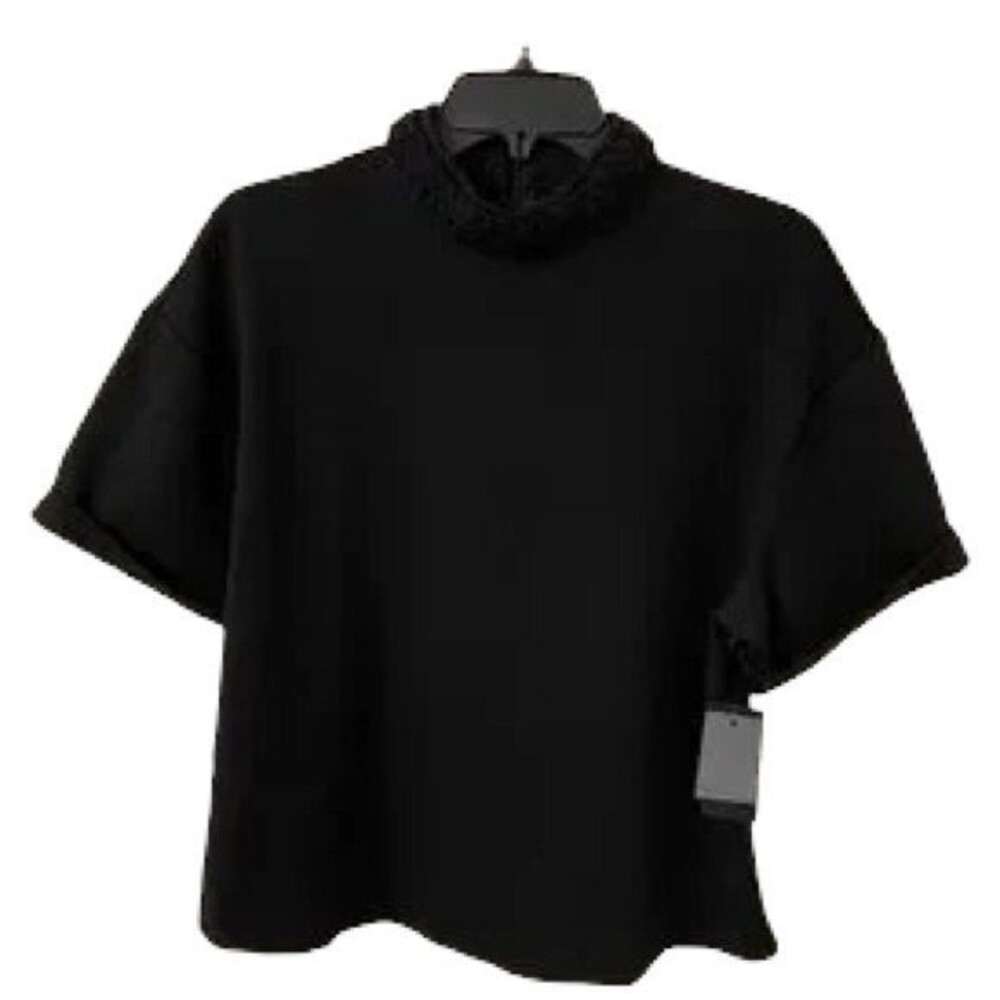 GUESS Women's Aubrielle Braided Mock Neck Top Short Sleeve Black Medium